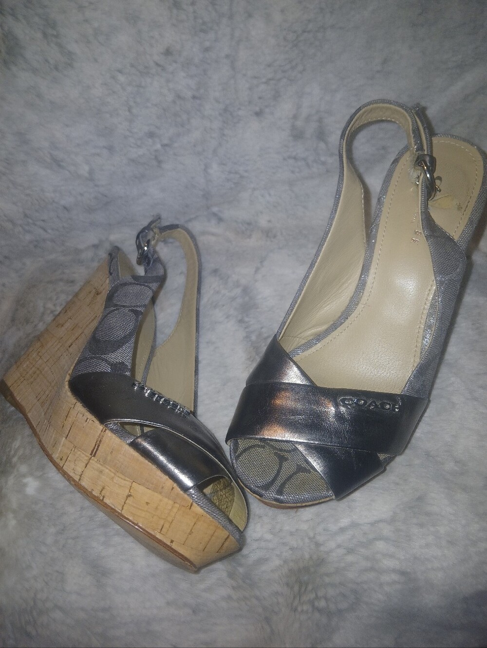Coach Metallic Gunmetal Cork Wedge Slingback Sandals